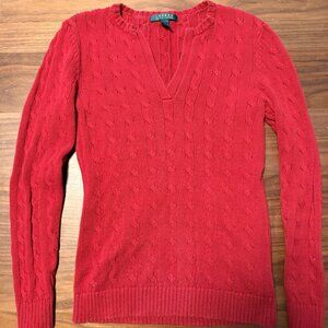 Ralph Lauren Red Cable Knit V-Neck Sweater